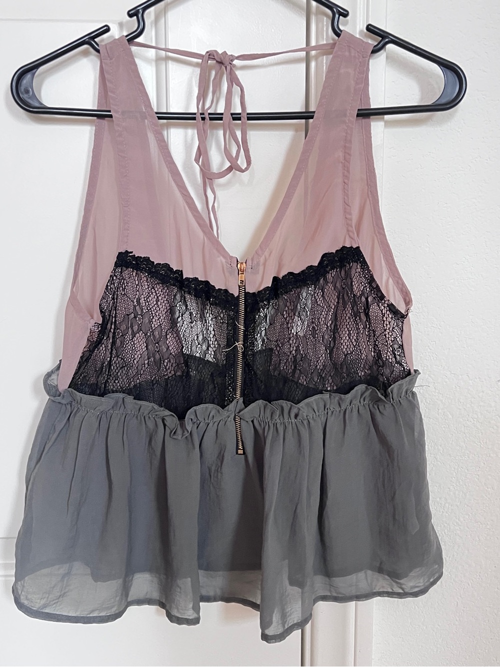 Sheer Lace Trim Satin Tank Top - Dusty Pink & Charcoal